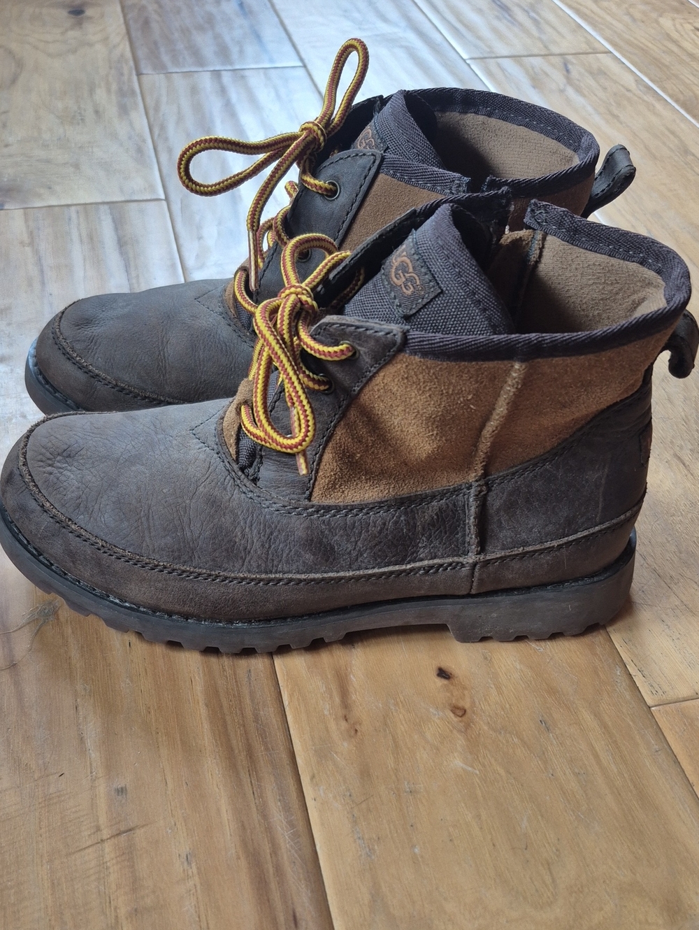UGG Kids Brown Suede & Leather Lace-Up Boots with Yellow Accent Laces